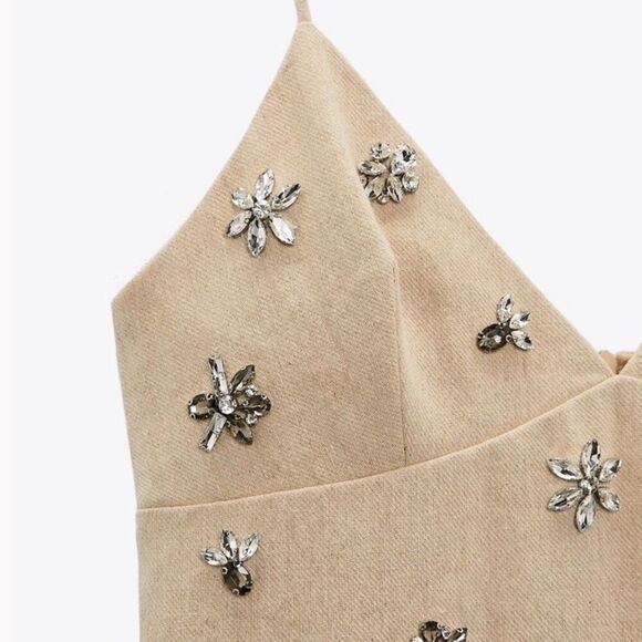 Zara Viral Blogger Favorite Linen Blend Embellished Spaghetti Strap V-Neck Mini - Picture 7 of 13
